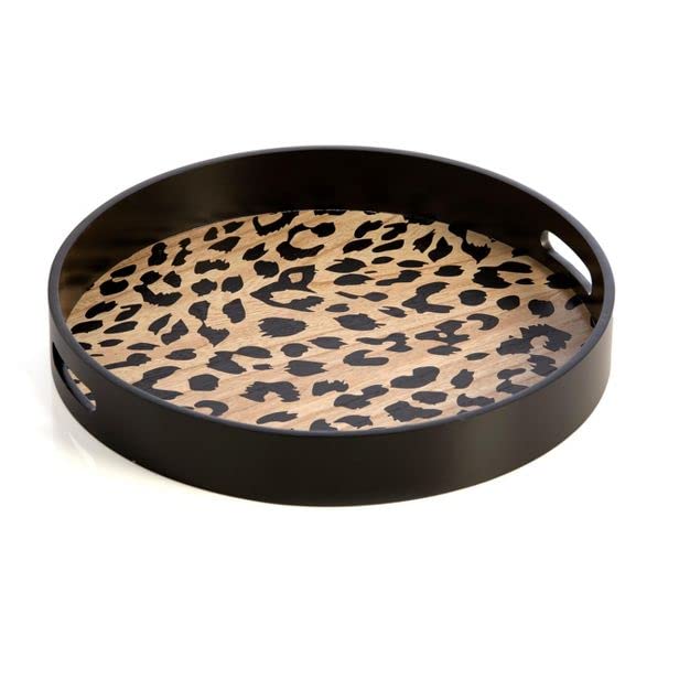 HOMANLY Black Round Leopard Print Serving Tray Decorative Tray for Coffee Table Tray with Handles Acrylic Tray for Ottoman Storage Kitchen Bathroom Dimensions: 12x12x1.6 Inches - Image 1