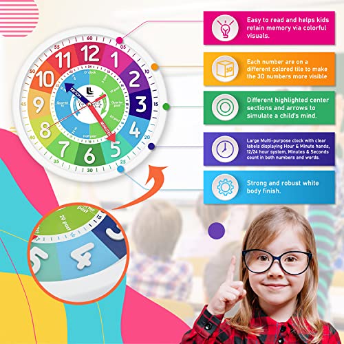 LibreLine 3D Kids Colorful Learning Wall Clock - Easy to Read - Telling Time Teaching Clock for Kids - Classroom Bedroom Wall Decor - Silent Analog Kids Clock for Homeschool, Playrooms, Nursery (12 inch) - Image 4