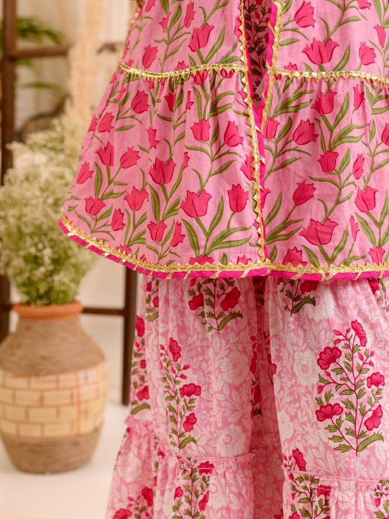 Pspeaches Girls Cotton Sleeveless Round Neck Floral Print Kurti And Sharara With Dupatta 3 Piece Set|Ethnic Wear For Kids Girls|Traditional & Festive Outfit 2-3 Year Pink - Image 3