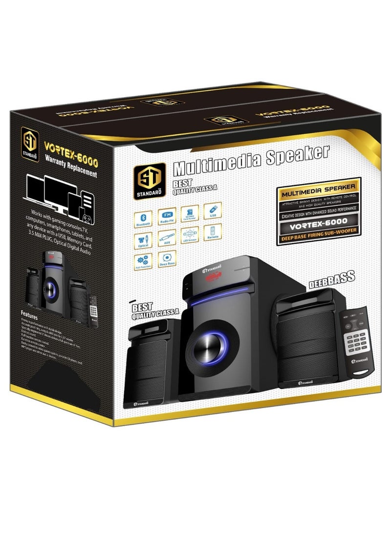 Speaker Standard 2.1 VORTEX 6000 Power 60 Watt illuminated multimedia speaker Optical Cable - Aux - Bluetooth - Usb - Sd card - Radio - Led Screen - Remote - Full Function