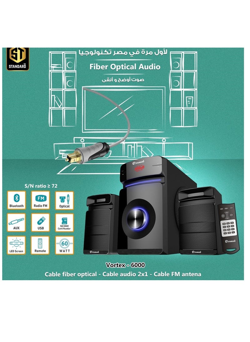 Speaker Standard 2.1 VORTEX 6000 Power 60 Watt illuminated multimedia speaker Optical Cable - Aux - Bluetooth - Usb - Sd card - Radio - Led Screen - Remote - Full Function