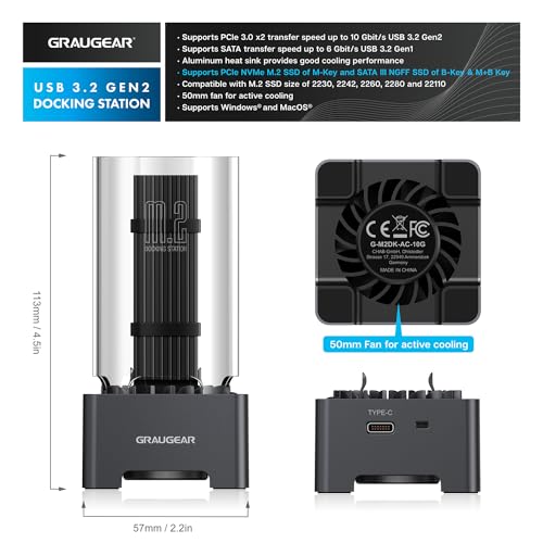 GRAUGEAR M.2 NVMe SATA PCIe SSD Enclosure Adapter Docking Station with Cooling Fan, USB3.2 Gen2 10Gbps M.2 SSD External Case USB C, Support UASP and Trim, M2 NVMe NGFF M Key B+M Key, RTL9210B Chipset - Image 2