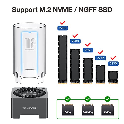 GRAUGEAR M.2 NVMe SATA PCIe SSD Enclosure Adapter Docking Station with Cooling Fan, USB3.2 Gen2 10Gbps M.2 SSD External Case USB C, Support UASP and Trim, M2 NVMe NGFF M Key B+M Key, RTL9210B Chipset - Image 4