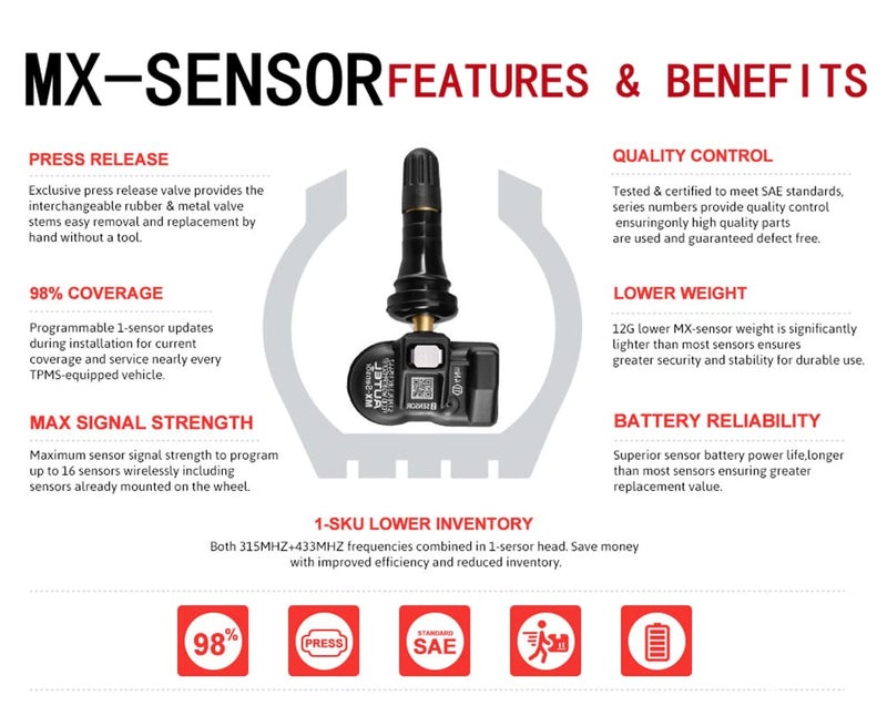 Autel TPMS Sensors 2in1 MX-Sensor 315Mhz/433Mhz Tire Pressure Sensor, Press-in OE-Level Programmable & Cloneable Wireless TPMS Sensors for All Vehicles, Program by Autel TPMS Tool (Rubber Stem 4pcs)ï»¿ - Image 2
