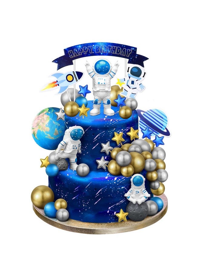 Epakh 24 قطعة زينة كعكة فضائية على شكل رائد فضاء زينة كعكة خارجية تماثيل رائد فضاء كواكب صواريخ أقمار صناعية كرات لؤلؤ ونجوم زينة بموضوع الفضاء لحفلة عيد الميلاد أو حفلة استقبال المولود (أزرق) - Image 1