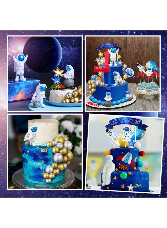 Epakh 24 قطعة زينة كعكة فضائية على شكل رائد فضاء زينة كعكة خارجية تماثيل رائد فضاء كواكب صواريخ أقمار صناعية كرات لؤلؤ ونجوم زينة بموضوع الفضاء لحفلة عيد الميلاد أو حفلة استقبال المولود (أزرق) - Image 2
