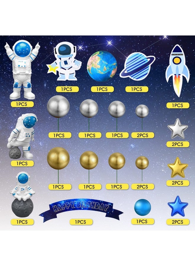 Epakh 24 قطعة زينة كعكة فضائية على شكل رائد فضاء زينة كعكة خارجية تماثيل رائد فضاء كواكب صواريخ أقمار صناعية كرات لؤلؤ ونجوم زينة بموضوع الفضاء لحفلة عيد الميلاد أو حفلة استقبال المولود (أزرق) - Image 3