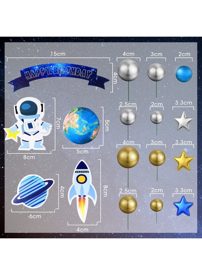 Epakh 24 قطعة زينة كعكة فضائية على شكل رائد فضاء زينة كعكة خارجية تماثيل رائد فضاء كواكب صواريخ أقمار صناعية كرات لؤلؤ ونجوم زينة بموضوع الفضاء لحفلة عيد الميلاد أو حفلة استقبال المولود (أزرق) - Image 4