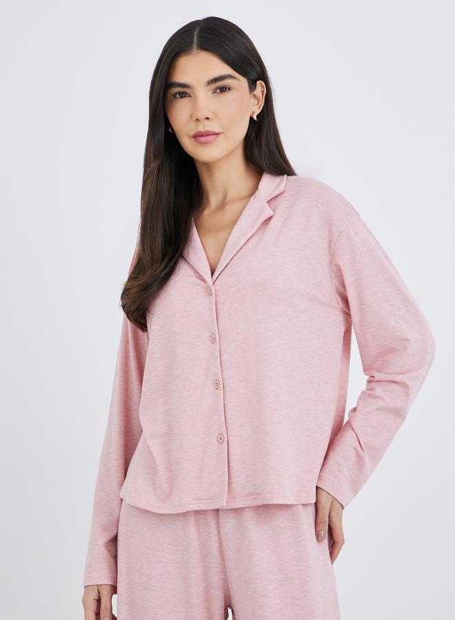 Styli Women Pink Melange Shirt and Wide Leg Pyjama Set - Image 2