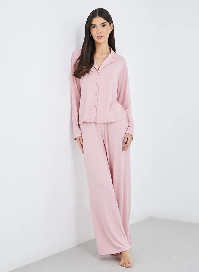Styli Styli Women Pink Melange Shirt and Wide Leg Pyjama Set