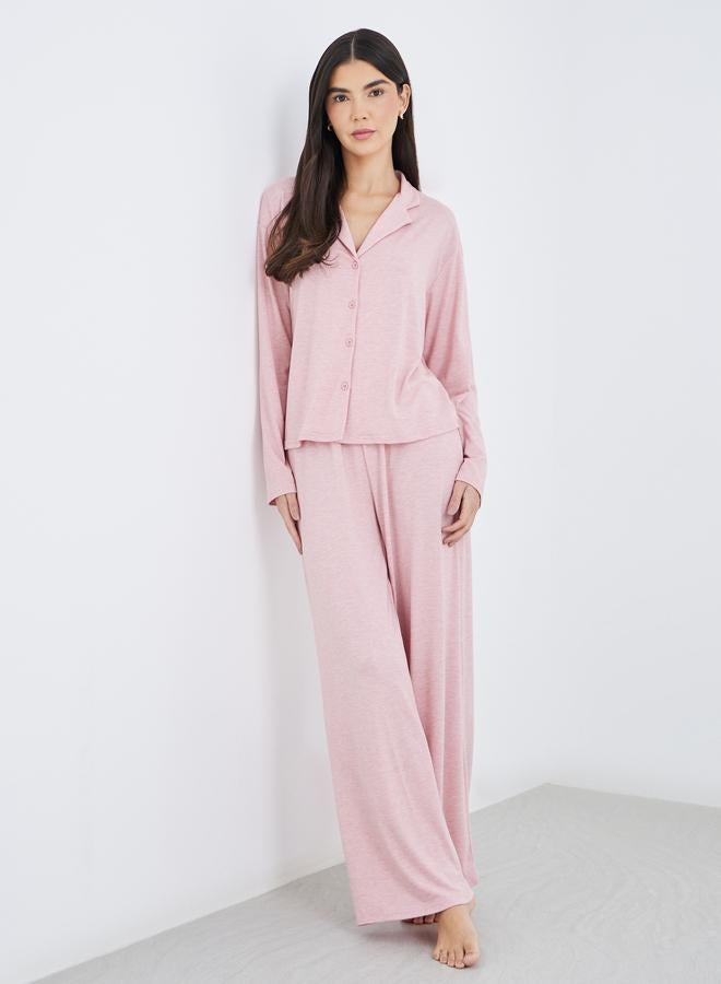 Styli Women Pink Melange Shirt and Wide Leg Pyjama Set - Image 1