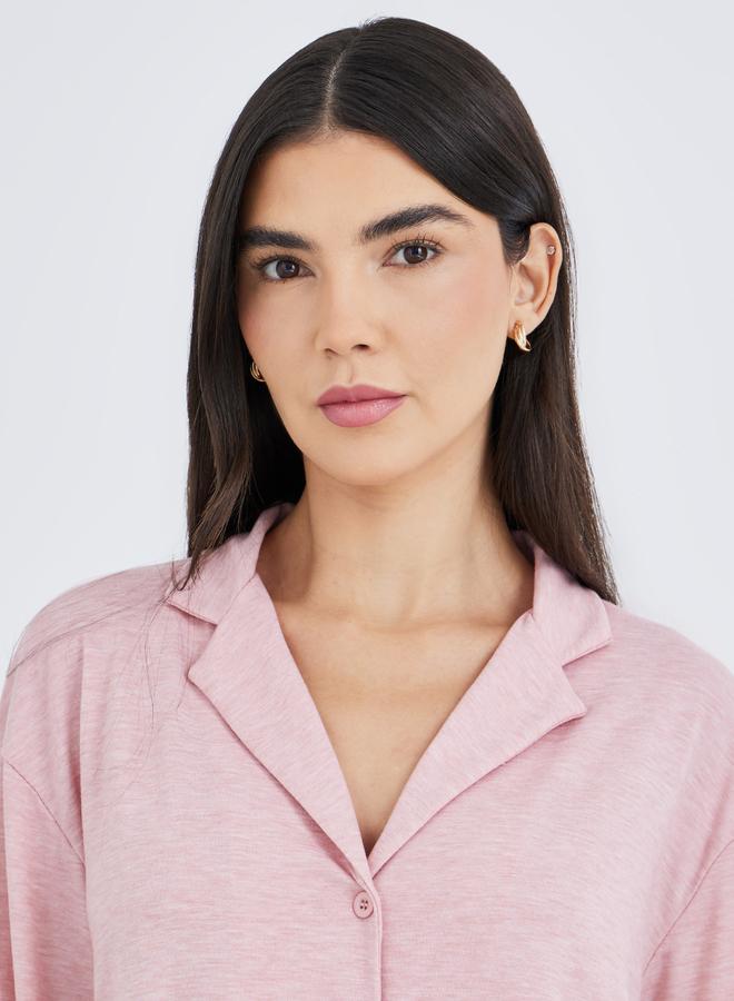 Styli Women Pink Melange Shirt and Wide Leg Pyjama Set - Image 3