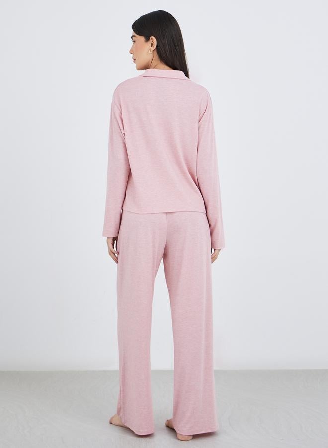 Styli Women Pink Melange Shirt and Wide Leg Pyjama Set - Image 5