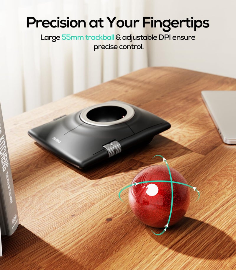 Nulea M512 Wireless Trackball Mouse, Ergonomic 55mm Trackball, 4 Level Adjustable DPI for Precise Control, Left or Right Hand Compatible, Rechargeable, Multi-Device Bluetooth & 2.4GHz for PC, Laptop - Image 2