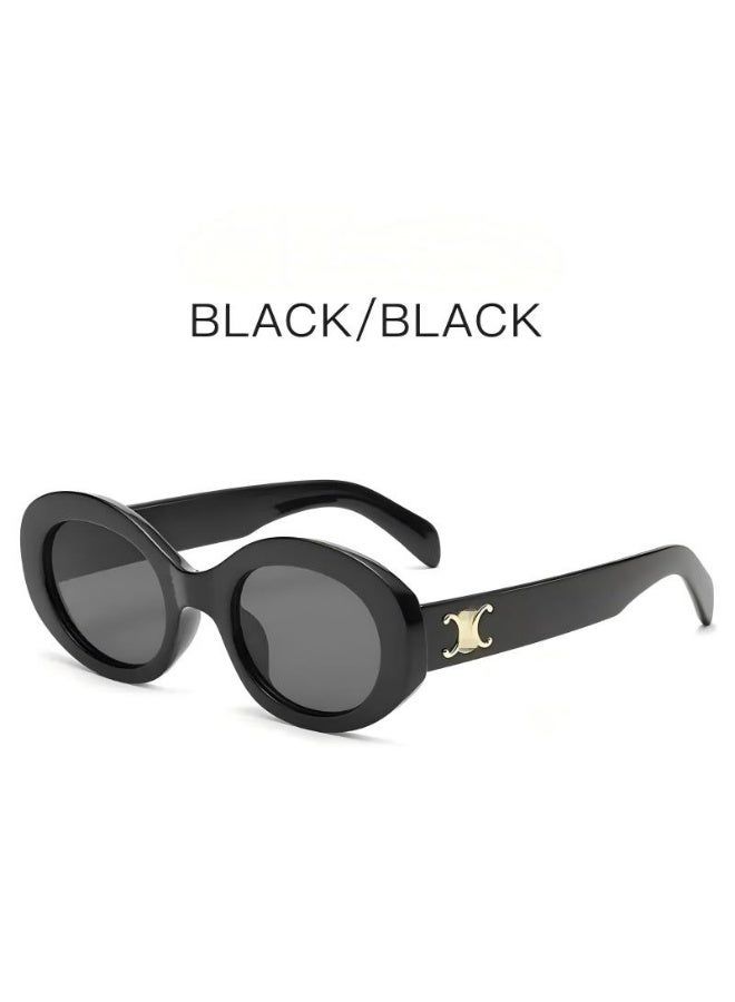 Retro Women's Retro Oval Sunglasses with Gold Triomphe Logo – Trendy Black Frame UV400 Protection Shades - Image 1