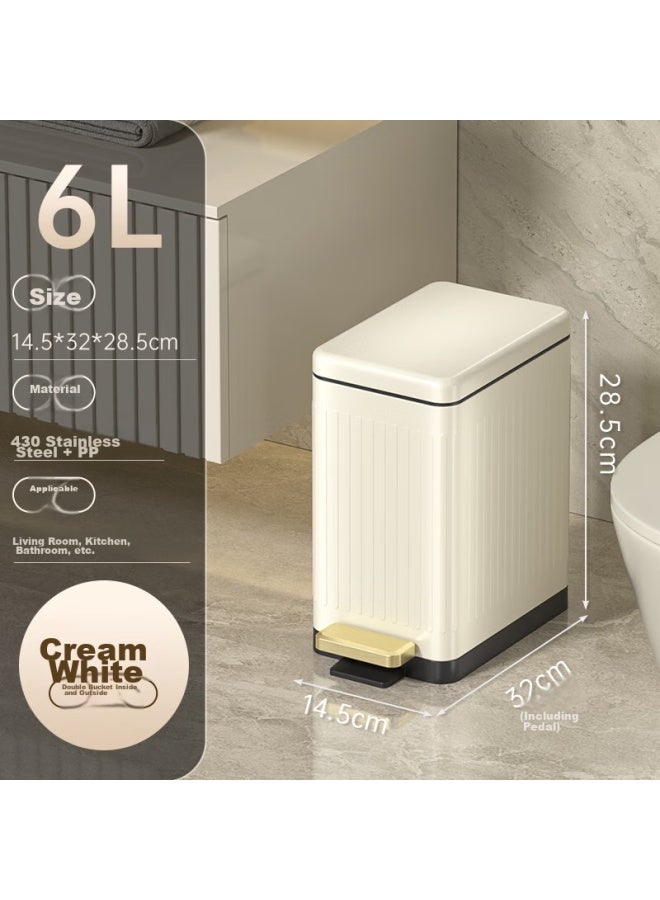 Bobo Stainless Steel Narrow Foot Pedal Trash Can, 6l, Cream White, For Bathroom, Kitchen, Living Room, Internet-famous Cream Style, 8873 - Image 1