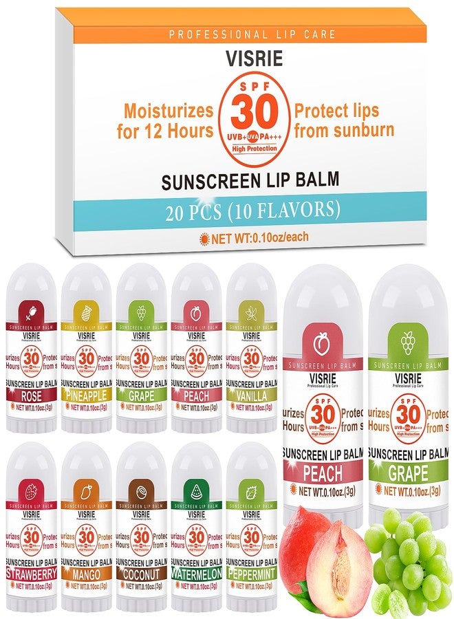 VISRIE SPF 30 Sunscreen Lip Balm, SPF Lip Balm Bulk 20 Count, Broad Spectrum UVA/UVB Lip Sunscreen with Vitamin E and Coconut Oil- 10 Flavors - Image 1