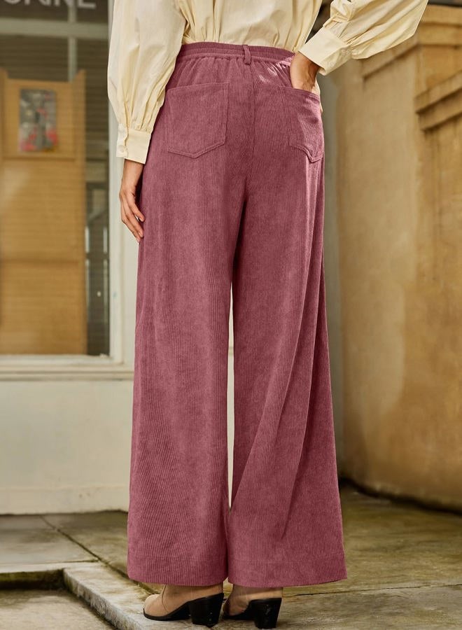 Sidefeel Women's Corduroy Pants Casual High Waisted Wide Leg Elastic Waist Loose Trousers with Pockets, Violet, S - Image 2