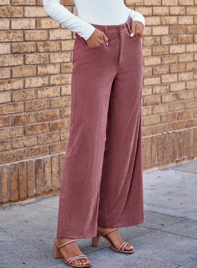 Sidefeel Women's Corduroy Pants Casual High Waisted Wide Leg Elastic Waist Loose Trousers with Pockets, Violet, S - Image 5