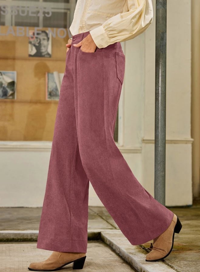 Sidefeel Women's Corduroy Pants Casual High Waisted Wide Leg Elastic Waist Loose Trousers with Pockets, Violet, S - Image 3