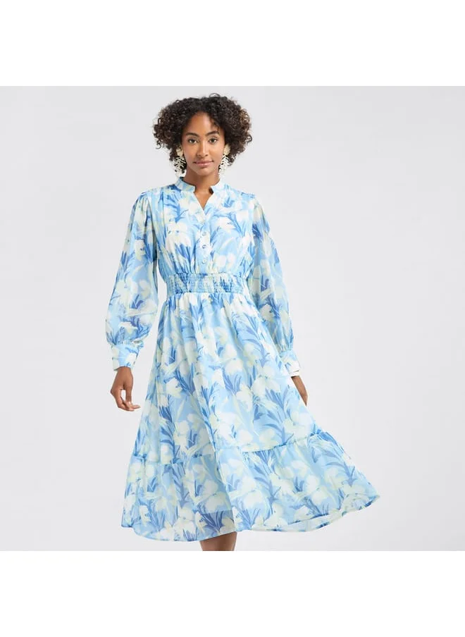 FAV All-Over Floral Print Midi Shirt Dress with Shirred Detail and Long Sleeves