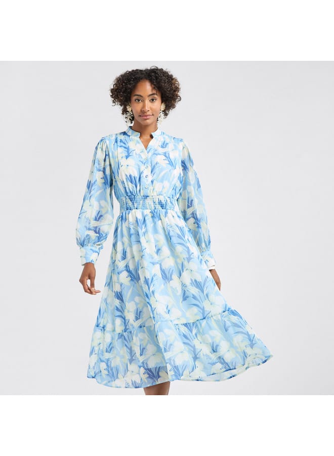 Splash FAV All-Over Floral Print Midi Shirt Dress with Shirred Detail and Long Sleeves - Image 1
