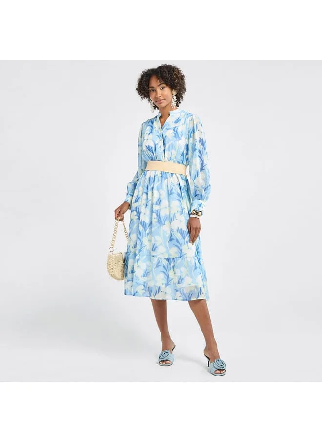 FAV All-Over Floral Print Midi Shirt Dress with Shirred Detail and Long Sleeves