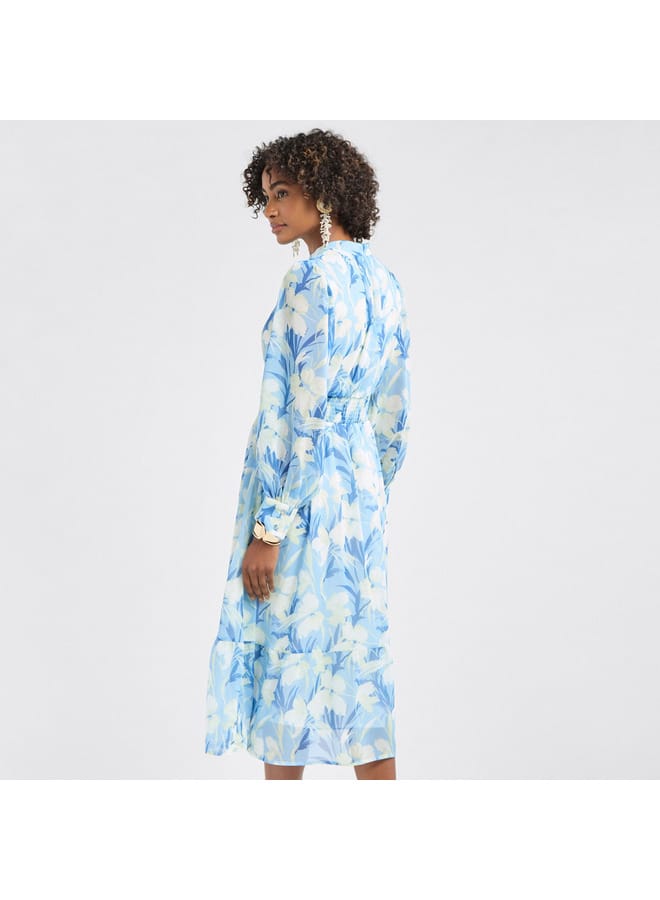 Splash FAV All-Over Floral Print Midi Shirt Dress with Shirred Detail and Long Sleeves - Image 3