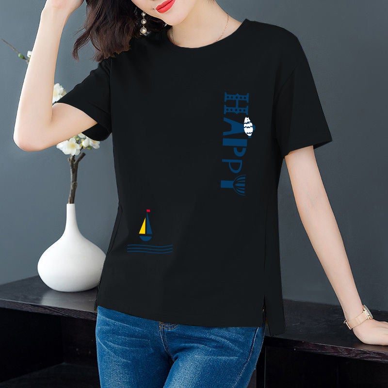 Korean Cotton Womens T-Shirt Summer Casual Tee Red Red - Image 2