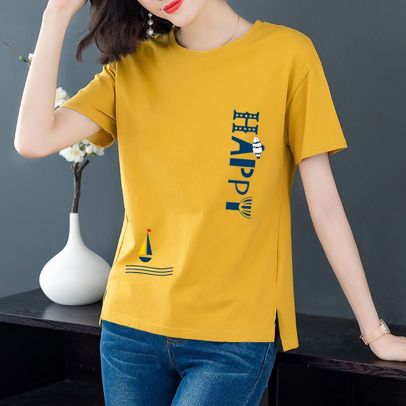 Korean Cotton Womens T-Shirt Summer Casual Tee Red Red - Image 3