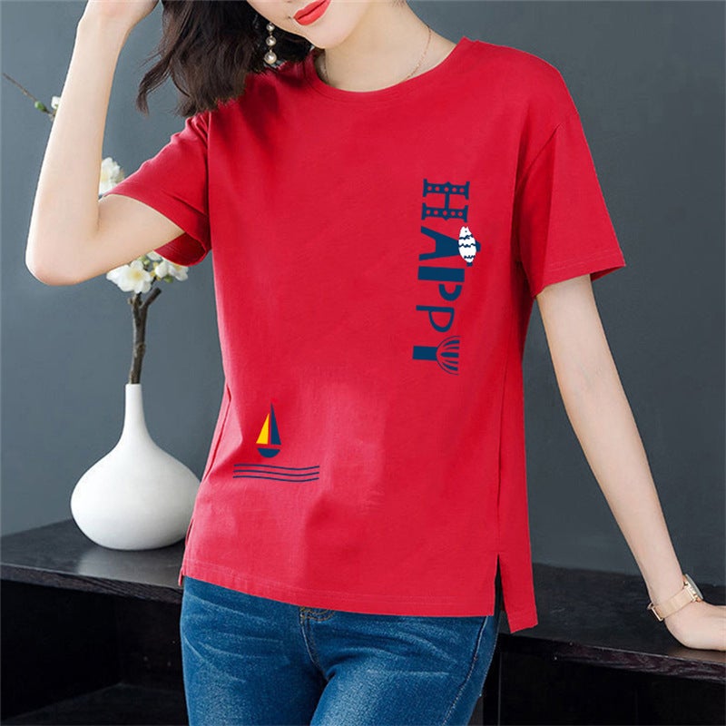 Korean Cotton Womens T-Shirt Summer Casual Tee Red Red - Image 1