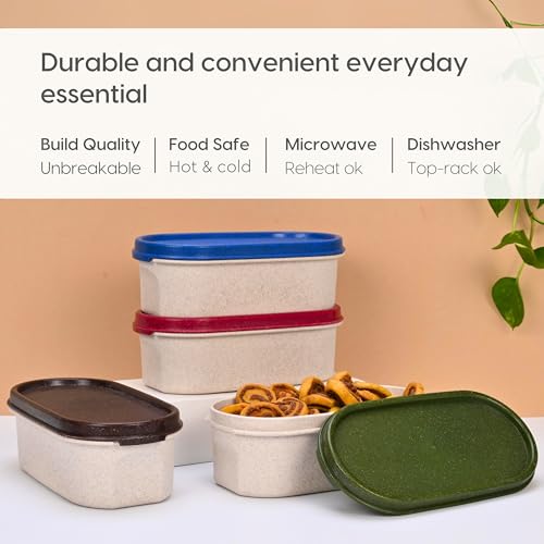 Eha Earth Friendly Storage Containers For Kitchen With Lid | Kitchen Containers Set of 4 | 600 ml | Made with Rice Husk | Microwave Safe & Fridge Storage Boxes | Storage Box For Kitchen | Multi-Light - Image 4