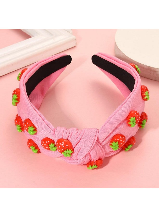 VOGUEKNOCK Strawberry Headband Fruit Headbands For Women Girls Tropical Strawberry Knotted Headband Summer Beach Headwear Hair Accessories Strawberry Pink - Image 3