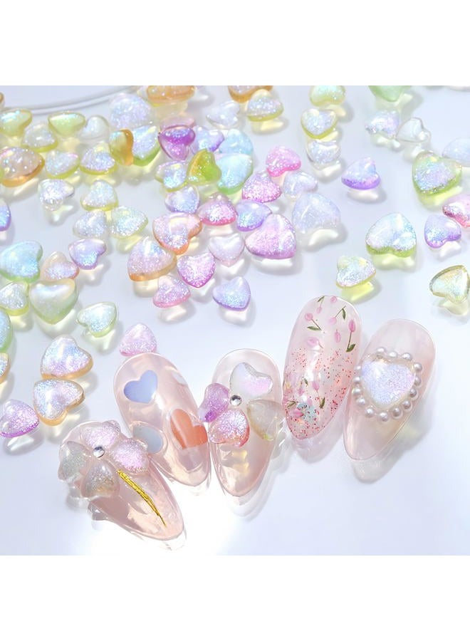 Quezadyl 300Pcs 3D Aurora Heart Nail Charms 3D Mixed Size Love Hearts Nail Rhinestones Jelly Resin Colored Peach Hearts Jewelry Diamonds for Acrylic Nails Valentines Aurora Gradient Heart Nails Gems for Women - Image 2