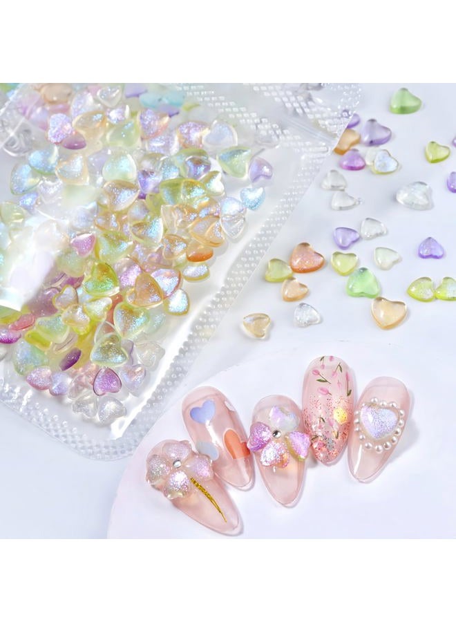 Quezadyl 300Pcs 3D Aurora Heart Nail Charms 3D Mixed Size Love Hearts Nail Rhinestones Jelly Resin Colored Peach Hearts Jewelry Diamonds for Acrylic Nails Valentines Aurora Gradient Heart Nails Gems for Women - Image 4