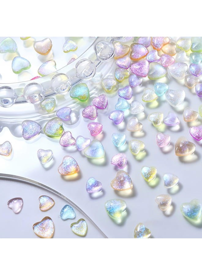 Quezadyl 300Pcs 3D Aurora Heart Nail Charms 3D Mixed Size Love Hearts Nail Rhinestones Jelly Resin Colored Peach Hearts Jewelry Diamonds for Acrylic Nails Valentines Aurora Gradient Heart Nails Gems for Women - Image 3