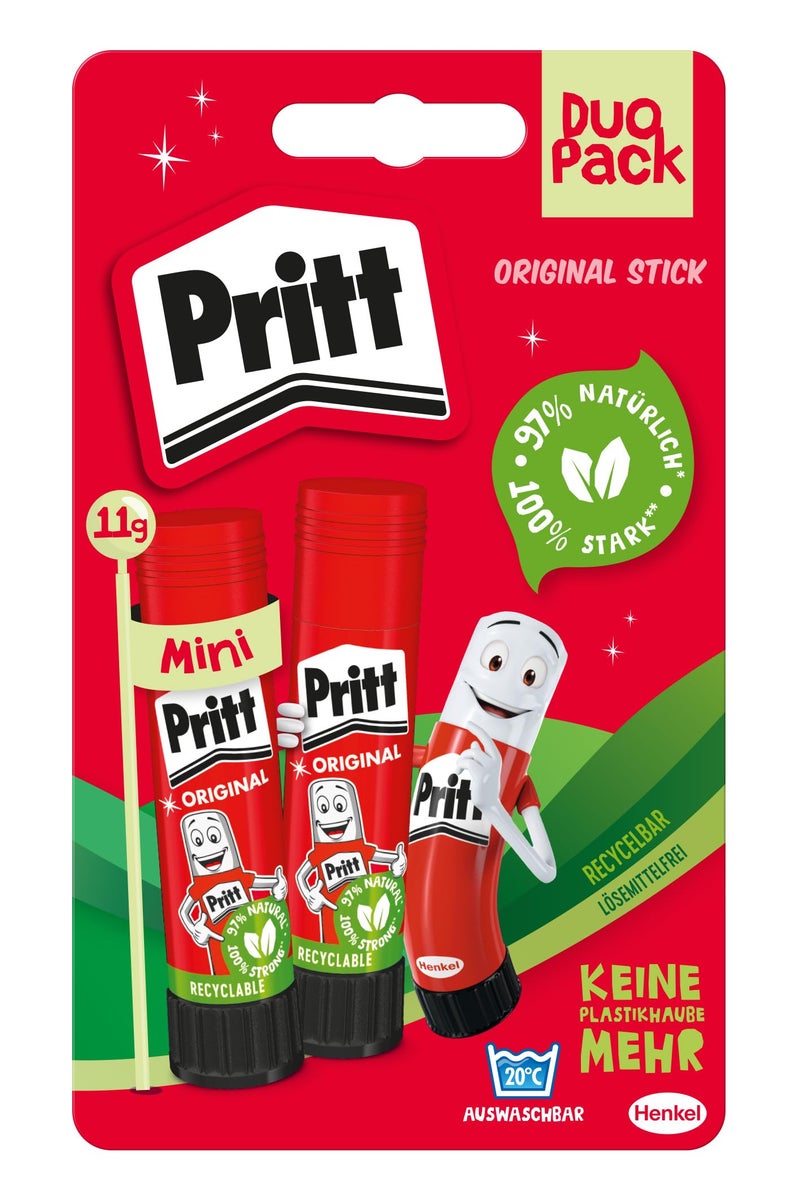 Pritt 1504209 Glue Stick, Safe and Child-Friendly Glue for Arts and Crafts, Strong Adhesive for School & Office Supplies, 2 x 11 g Pritt Pen - Image 1