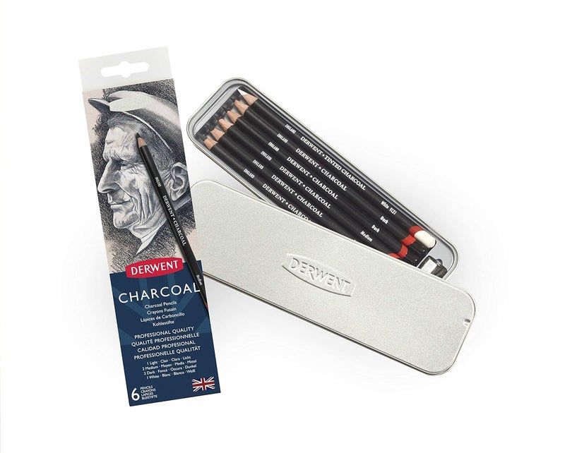 Derwent Charcoal Pencils Tin with Sharpener (Set of 6) - Image 1