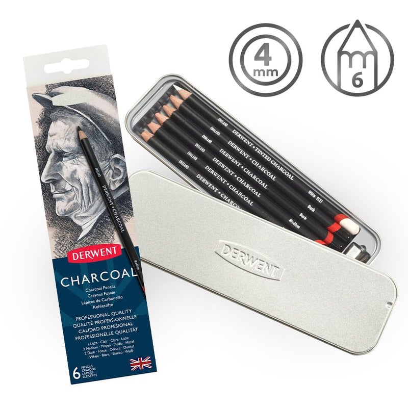 Derwent Charcoal Pencils Tin with Sharpener (Set of 6) - Image 3