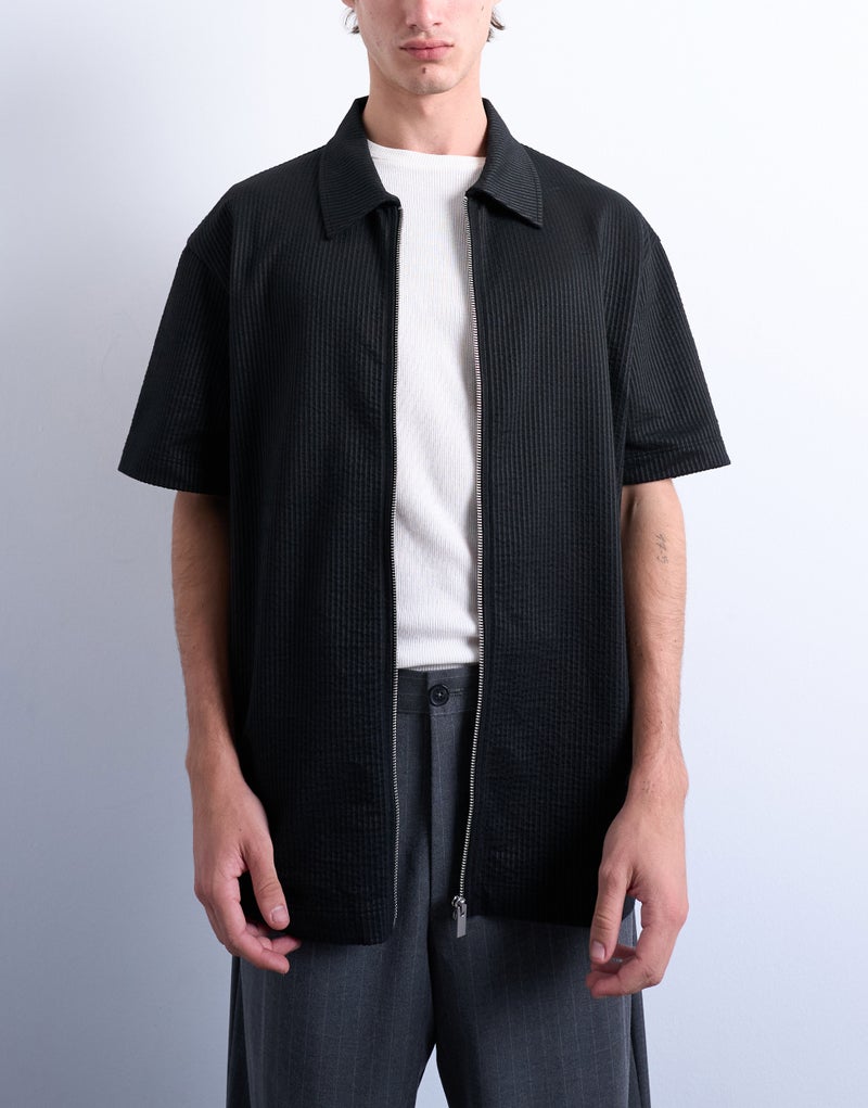 TOPMAN Oversized Seersucker Zip Shirt - Image 1