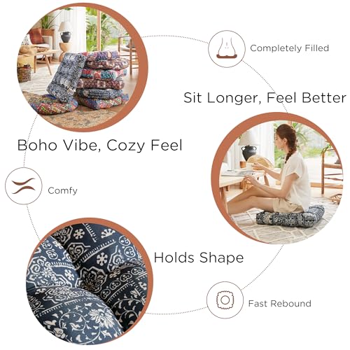 CODi Meditation Floor Pillow Set of 2, Large Pillows Seating for Adults and Kids, Bohemian Cushion for Fireplace Yoga Living Room Sitting, Memory Foam Added, 22x22 Inch Indigo Elephant - Image 3
