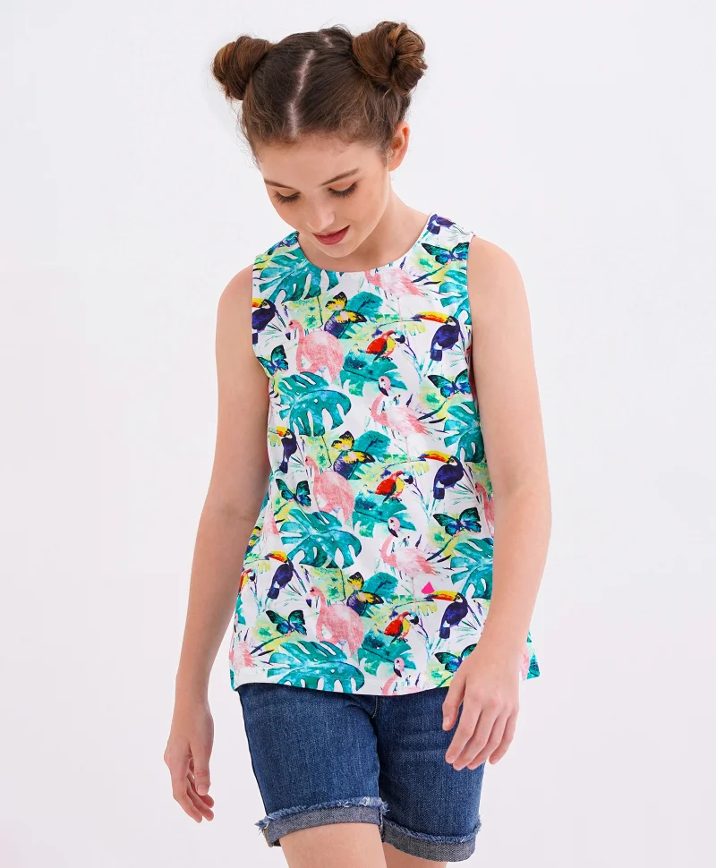 Primo Gino Primo Gino All Over Leaf and Butterfly Print Top - White and Green