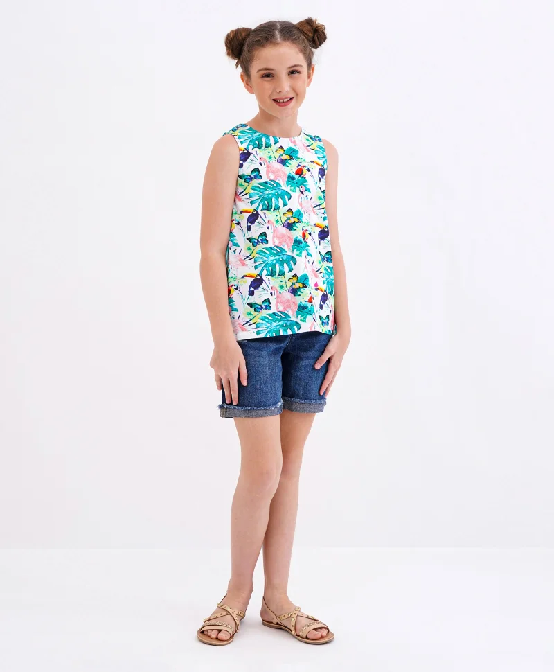 Primo Gino Primo Gino All Over Leaf and Butterfly Print Top - White and Green