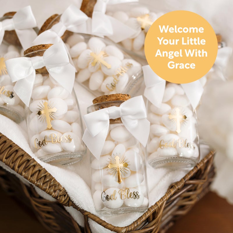 Ethisa Vintage 24 Pack Baptism Glass Bottles with Ribbons and Stickers - Classy God Bless Party Favors for Baptism and 1st Communion - Bautizo Table Centerpiece Decoration - Baby Christening Candy Jar - Image 3