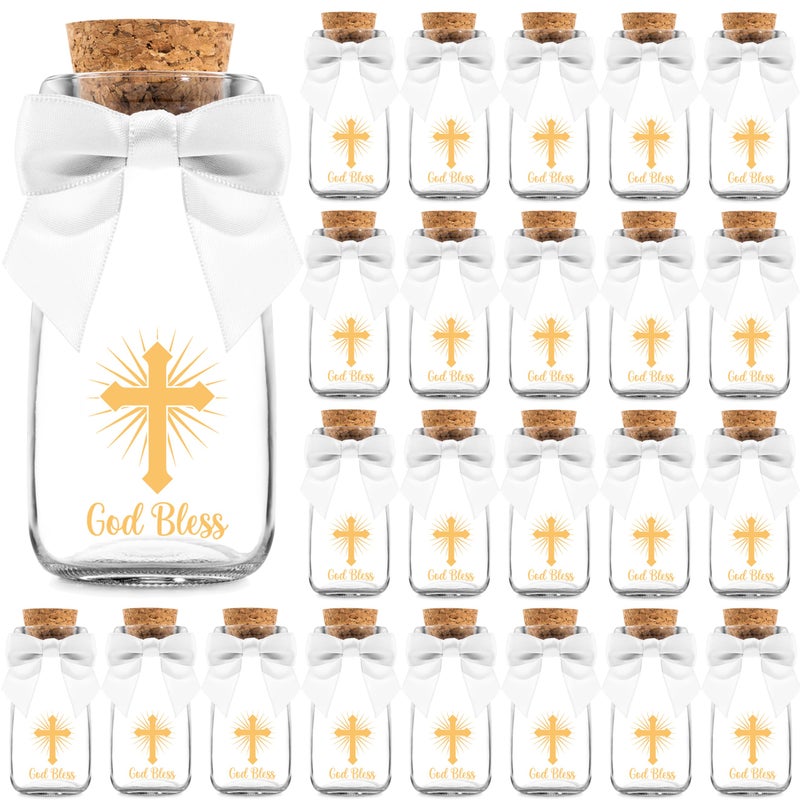 Ethisa Vintage 24 Pack Baptism Glass Bottles with Ribbons and Stickers - Classy God Bless Party Favors for Baptism and 1st Communion - Bautizo Table Centerpiece Decoration - Baby Christening Candy Jar - Image 1