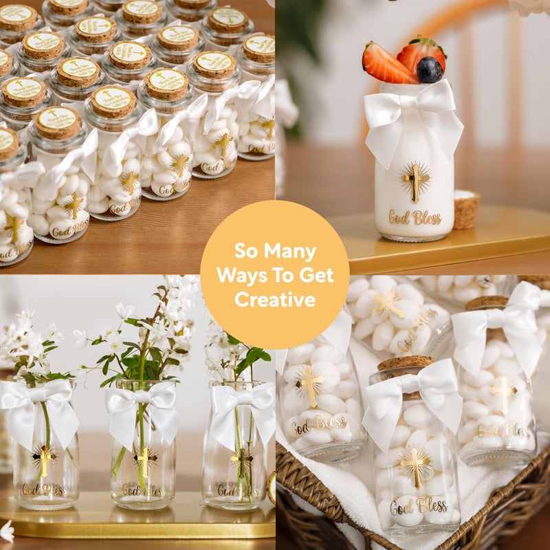 Ethisa Vintage 24 Pack Baptism Glass Bottles with Ribbons and Stickers - Classy God Bless Party Favors for Baptism and 1st Communion - Bautizo Table Centerpiece Decoration - Baby Christening Candy Jar - Image 4