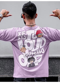 Maniac Maniac Men Printed Round Neck 3/4th Sleeve Lavender and White Cotton Oversized T-Shirt  - Image 1