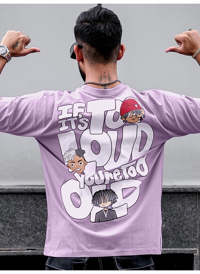 Maniac Maniac Men Printed Round Neck 3/4th Sleeve Lavender and White Cotton Oversized T-Shirt  - Image 1