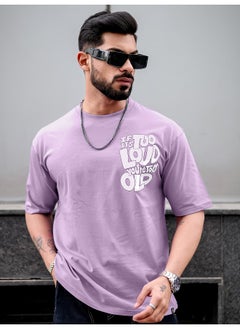 Maniac Maniac Men Printed Round Neck 3/4th Sleeve Lavender and White Cotton Oversized T-Shirt  - Image 5