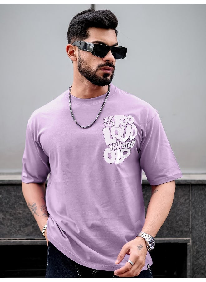 Maniac Maniac Men Printed Round Neck 3/4th Sleeve Lavender and White Cotton Oversized T-Shirt  - Image 5